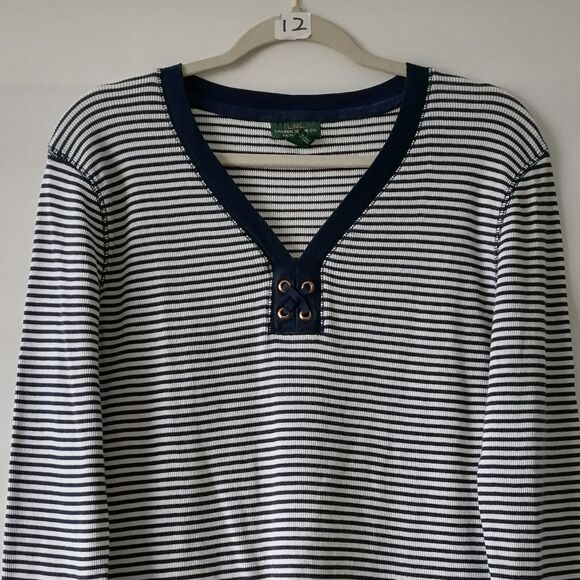 Lauren Ralph Lauren Womens Blue White Striped Eyelets Placket Blouse Top Sz XL - Picture 2 of 7